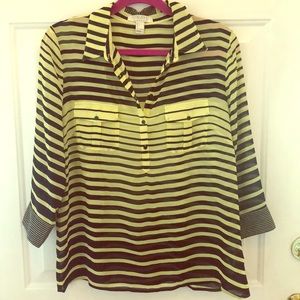 Forever 21- Yellow/Navy Stripe- Half Button-Sz L